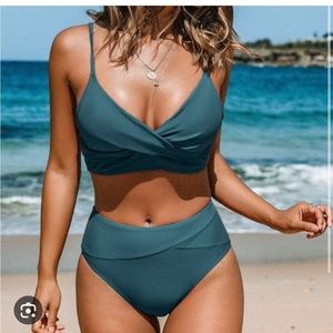 Twist Bralette & Spliced High Waist Bikini Set Teal
